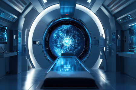 Bright blue portal energy fills the high-tech laboratory space, emphasizing advanced technology and innovation.の写真素材