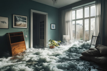 A living room is filled with water, submerging furniture and plants, creating a surreal, flooded atmosphere.の写真素材