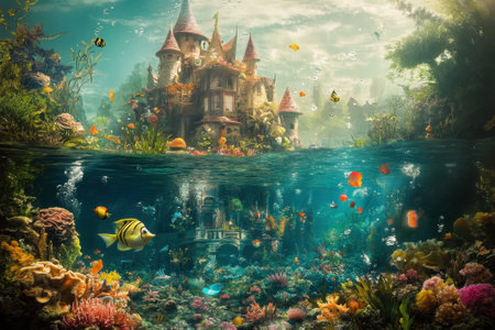 A mystical castle lies underwater, surrounded by a rich coral reef and a variety of fish in clear blue water.の写真素材