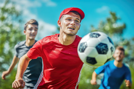 Three young men enjoy a lively soccer game under a blue sky with fluffy clouds, showing skill and teamwork.の写真素材