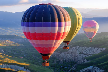 Three vibrant hot air balloons drift gracefully over stunning mountainous terrain during early morning.の写真素材