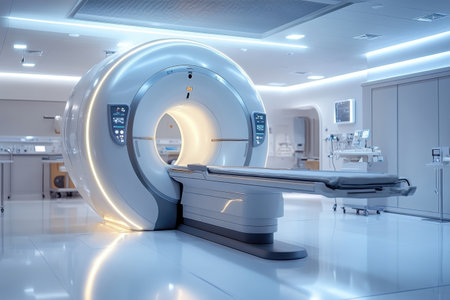 A sleek CT scanner is positioned in an advanced hospital room, emphasizing modern healthcare technology.の写真素材