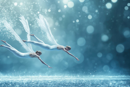 Two elegant dancers with wings leap gracefully over sparkling water, creating a magical atmosphere.の写真素材