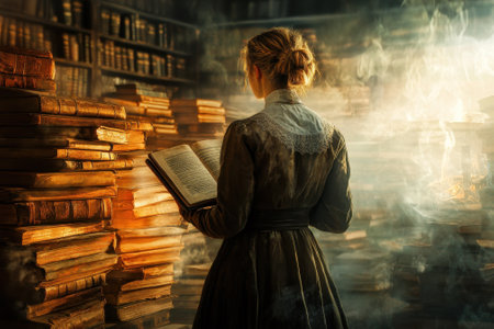 A woman stands in a shadowy library, engrossed in a classic book while surrounded by ancient volumes.の写真素材
