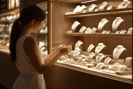 A woman inspects beautiful jewelry pieces displayed in a store window, illuminated warmly at dusk.の写真素材