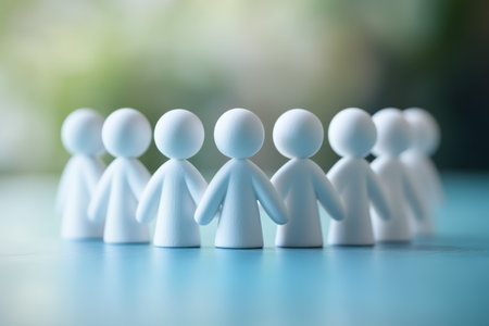 Small white figures stood in a row, showing simplicity on a bright blue background with soft lighting.の写真素材