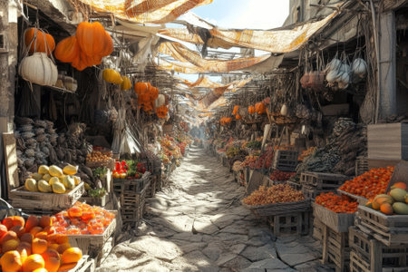 Fresh fruits and vegetables are displayed in colorful stalls under a sunlit sky in a lively market setting.の写真素材