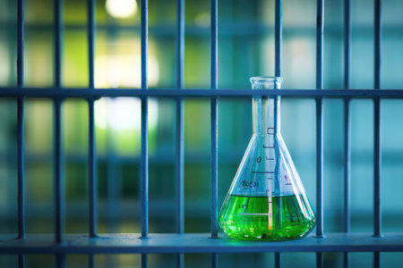 A laboratory flask with bright green liquid stands on a table behind bars in a secure environment.の写真素材