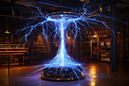 An exhibit showcases vibrant blue electrical arcs emitted from a circular device in a vintage laboratory setting.の写真素材