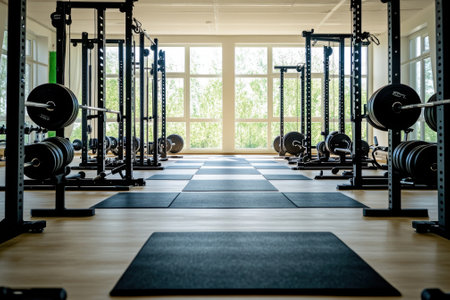 Spacious gym features weightlifting stations, rubber flooring, and large windows inviting daylight inside.の写真素材