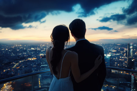 A couple stands close together on a balcony, admiring a beautiful sunset over the city skyline.の写真素材