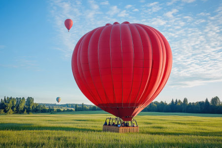 Breathtaking hot air balloons rise into the sky above expansive fields during a clear morning.の写真素材