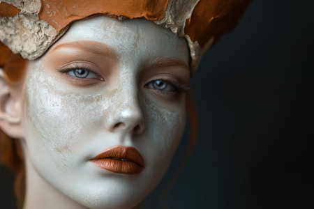 A model showcases an innovative makeup design featuring earthy tones and a striking headpiece in a dimly lit setting.の写真素材