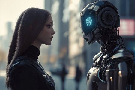 A robot and a human stand face to face, contrasting technology and humanity in a modern setting.の写真素材