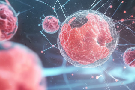 Cells are depicted in a colorful network, showing their structures and interconnectivity at a microscopic level.の写真素材