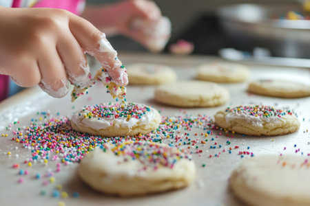 A young child joyfully decorates freshly baked cookies with icing and bright sprinkles in the kitchen.の写真素材