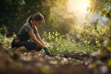 A gardener kneels in the soil, tending to young plants while enjoying the warm sunlight in a peaceful setting.の写真素材