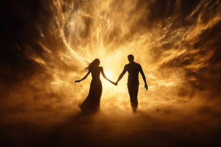 A couple, silhouetted against a fiery and smoky background, walks hand in hand, embodying love and connection.の写真素材