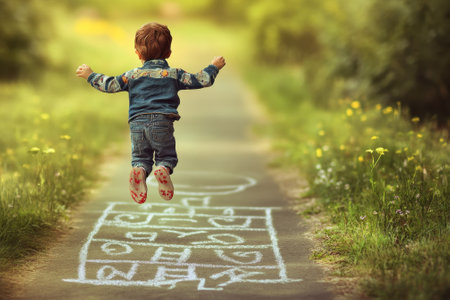 A young child leaps in excitement over chalk markings on a garden path under a sunny sky.の写真素材