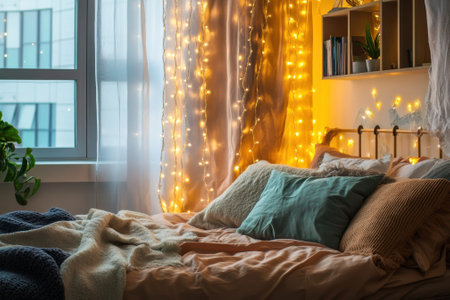 Soft textiles and warm fairy lights create a serene bedroom environment ideal for relaxation and comfort.の写真素材