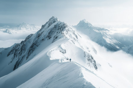 Two hikers navigate snow-covered mountains under soft morning light, surrounded by stunning peaks.の写真素材