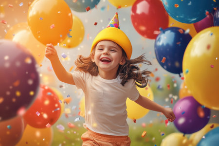 Young girl runs happily through a field of balloons, celebrating her birthday with laughter and joy.の写真素材
