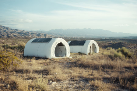 Two white domes with solar panels sit in a serene desert, framed by mountains in the background.の写真素材
