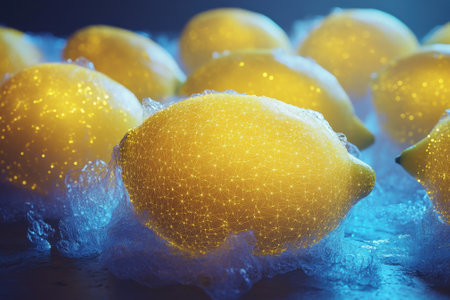 Yellow lemons glisten with a sparkling effect surrounded by frothy bubbles under dramatic lighting.の写真素材