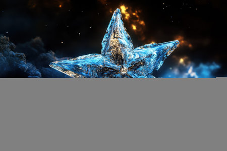 A stunning ice star shines brightly above swirling dark clouds under a twinkling night sky.の写真素材