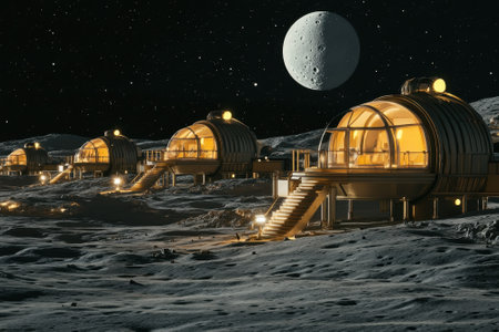 Futuristic dome-shaped habitats shine brightly under a starry sky on the moon's surface.の写真素材