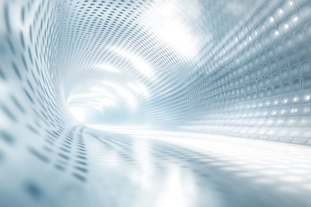A luminous tunnel stretches out ahead, featuring a sleek, reflective surface filled with soft light.の写真素材