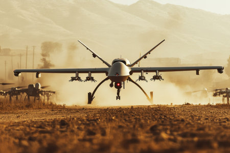 A military drone prepares for takeoff from a dirt runway, surrounded by a hazy sunset and mountains.の写真素材