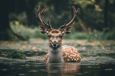 A beautiful deer with antlers stands calmly in a tranquil lake surrounded by lush greenery, showcasing nature's beauty.の写真素材