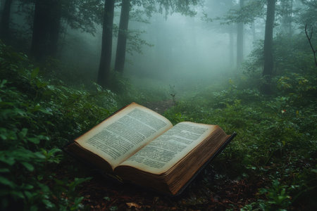 An open book lies on vibrant green foliage in a tranquil forest, surrounded by morning mist and trees.の写真素材