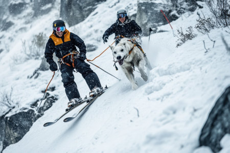 Two skiers enjoy a challenging descent on snowy terrain, with a dog leading the way in a winter wonderland.の写真素材