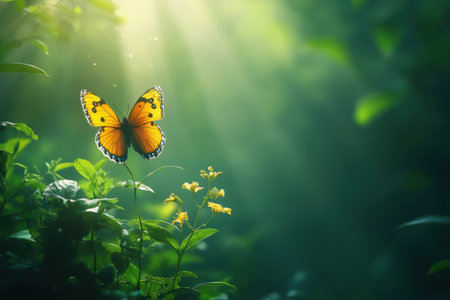 A stunning orange butterfly is perched on a yellow flower surrounded by lush greenery in soft morning light.の写真素材