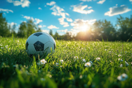 A soccer ball sits among blooming flowers on vibrant grass as the sun sets in a serene park.の写真素材