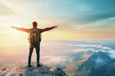 A hiker stands with arms wide open, appreciating the vibrant sunrise and stunning mountain views.の写真素材
