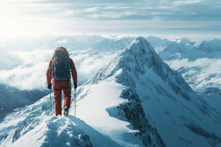 A climber in bright gear gazes at breathtaking mountain vistas during sunrise after a challenging ascent.の写真素材