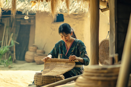 A woman skillfully weaves a basket in a rural village, showing craftsmanship amidst nature.の写真素材