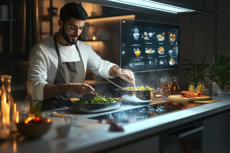 A skilled chef prepares flavorful dishes with vibrant vegetables while using advanced kitchen technology.の写真素材