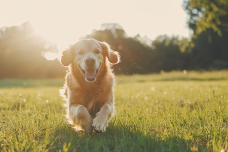 A golden retriever joyfully runs through a vibrant grassy field under a warm sunset glow.の写真素材