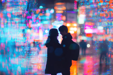 A couple stands closely together in a bustling urban setting, surrounded by bright, colorful lights at night.の写真素材