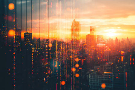 City skyline illuminated by sunset with vibrant colors and reflections creating a warm atmosphere.の写真素材