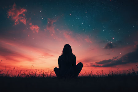 A person sits peacefully on grass, gazing up at a starry sky during twilight with vibrant colors.の写真素材