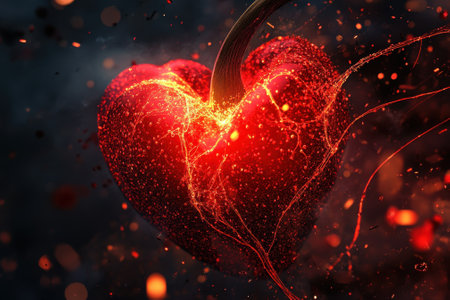 A dynamic heart glows with fiery hues, radiating warmth and passion amidst a dark, enchanting backdrop.の写真素材
