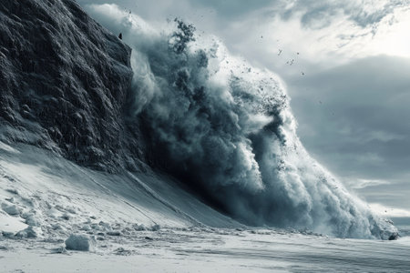 A massive wave strikes a towering cliff, sending spray into the air beneath dramatic cloudy skies.の写真素材