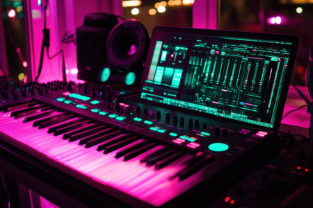 A modern synthesizer with glowing keys sits next to a computer displaying music software, creating an energetic vibe.の写真素材