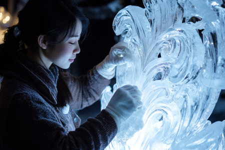 A talented individual sculpting a beautiful ice creation at a winter festival, surrounded by glowing lights.の写真素材