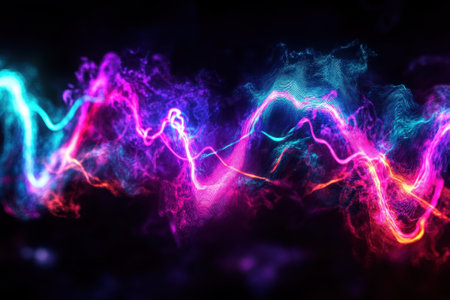 Bright, flowing light trails dance in vibrant colors against a dark background, creating dynamic patterns.の写真素材